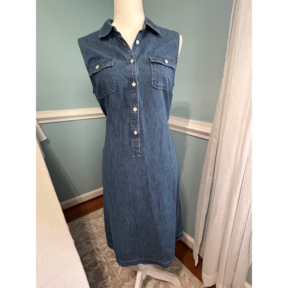 Talbots Womens 10 Denim Shirt Dress Sleeveless Belted Blue Medium Wash Midi